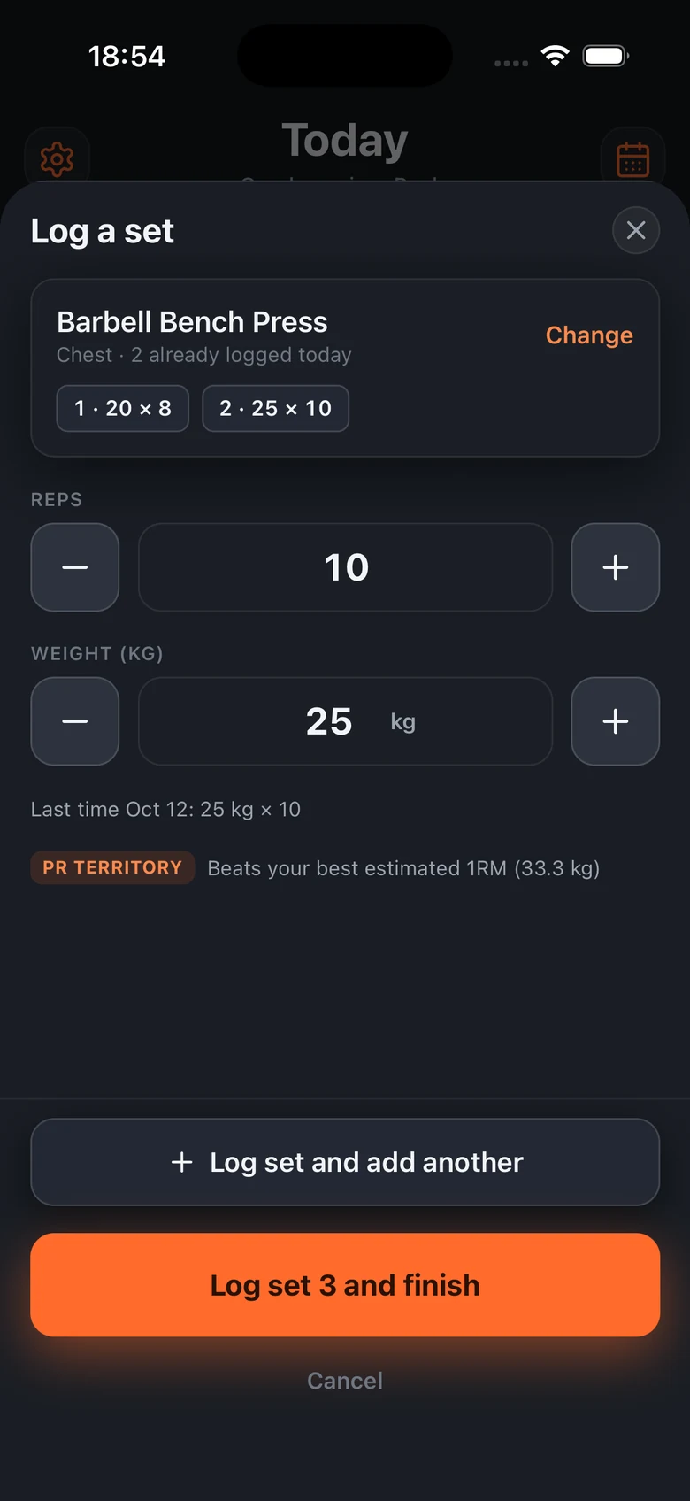 The Log a set sheet for Barbell Bench Press, with 10 reps and 25 kg entered, the last session shown beneath, and a PR TERRITORY note warning this beats the best estimated 1RM.