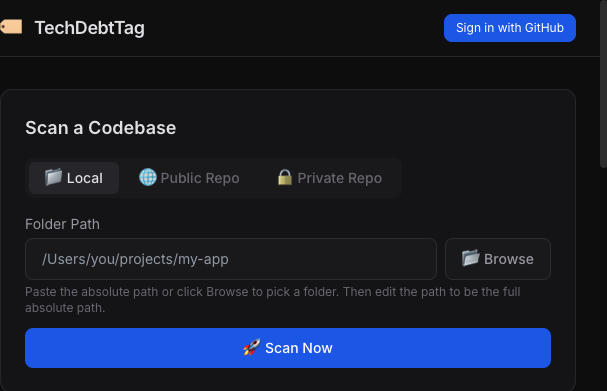 Tech Debt Tag codebase scanning dashboard